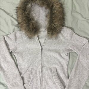 Hollister Light Gray Hoodie with Brown Faux Fur